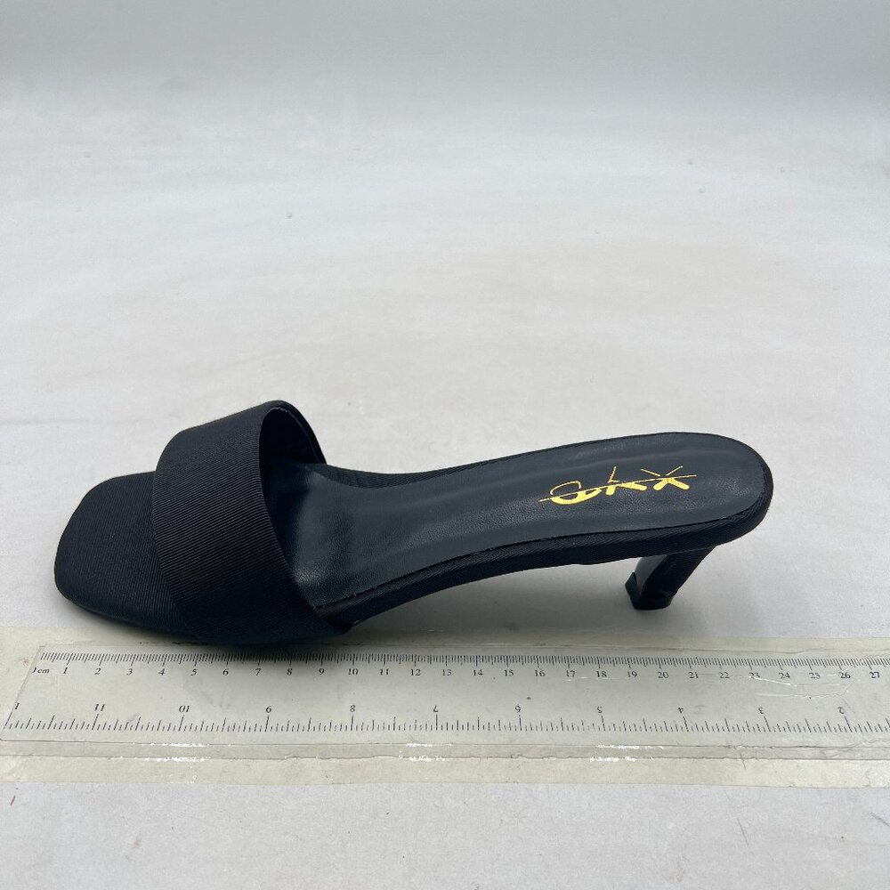 XYD Black Open Square Toe Slide Sandals Kitten Heel Slip On Mule Slippers